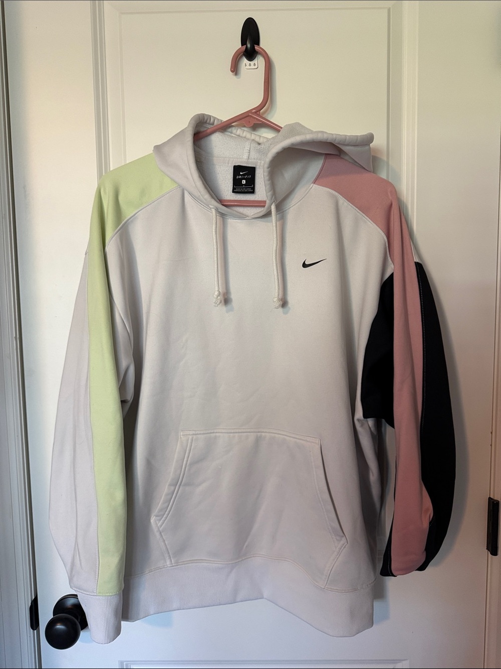 Nike White Crewneck Hoodie with Pastel Pink, Light Green & Black Panels